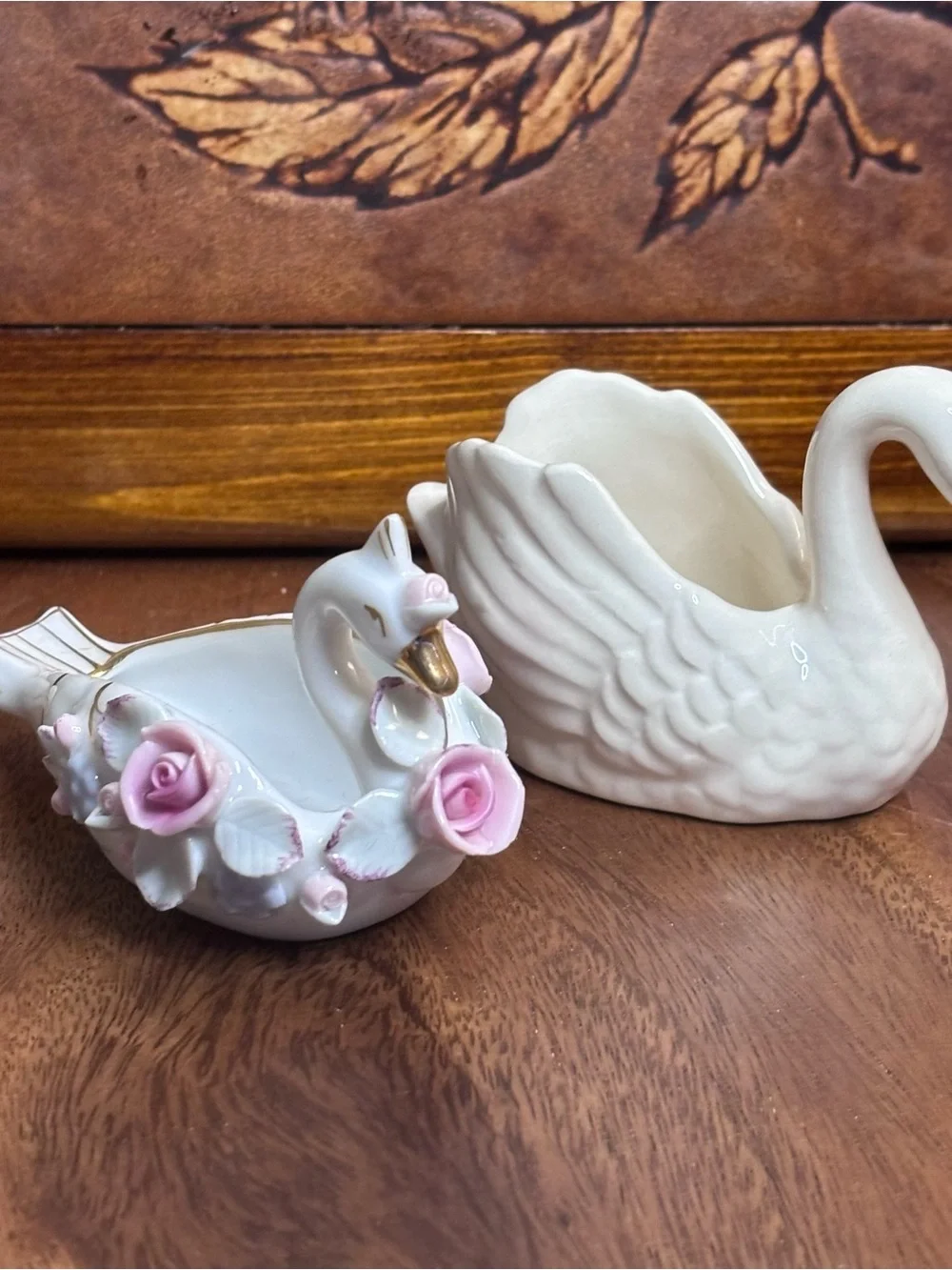 Vintage Ceramic Swan Trinket Dishes - White with Pink Floral Accent